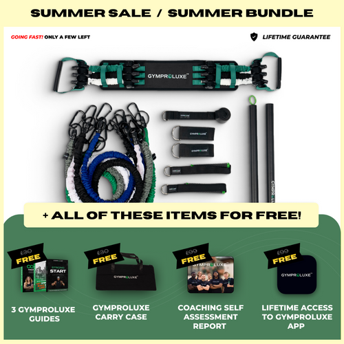 Gymnproluxe resistance band set with promotional text for a summer sale bundle.