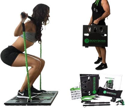 Woman using a fitness platform with green resistance bands, surrounded by various components of the BodyBoss system.