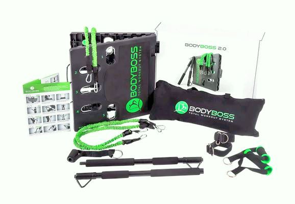 BodyBoss fitness equipment set with various components on a white background