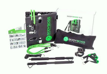 BodyBoss fitness equipment set with various components on a white background