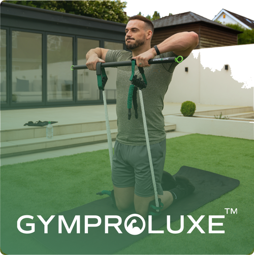Man exercising with GYMPRO LUXE equipment in a backyard setting