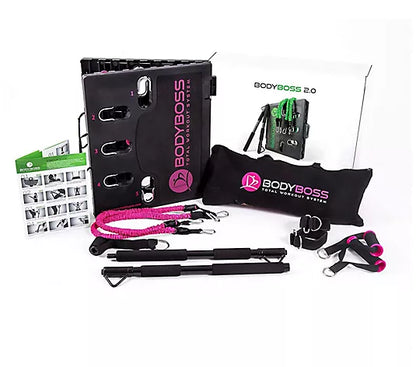 BodyBoss home workout system with resistance bands and accessories on a white background