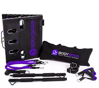BodyBoss workout system components including resistance bands and anchor points on a white background