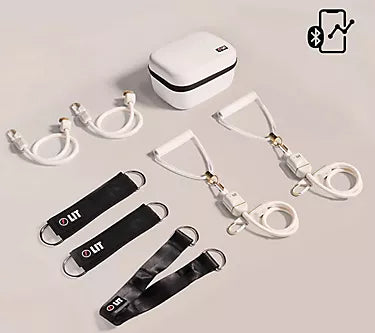 Set of keychain straps and a white carrying case on a light gray background