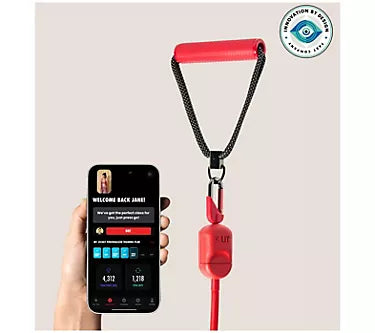 Smartphone with a fitness app displayed, connected to a red fitness band on a white background.