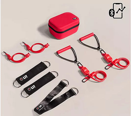 Set of resistance bands with a carrying case on a beige background