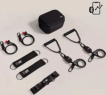 Black exercise equipment set with a carrying case on a light background